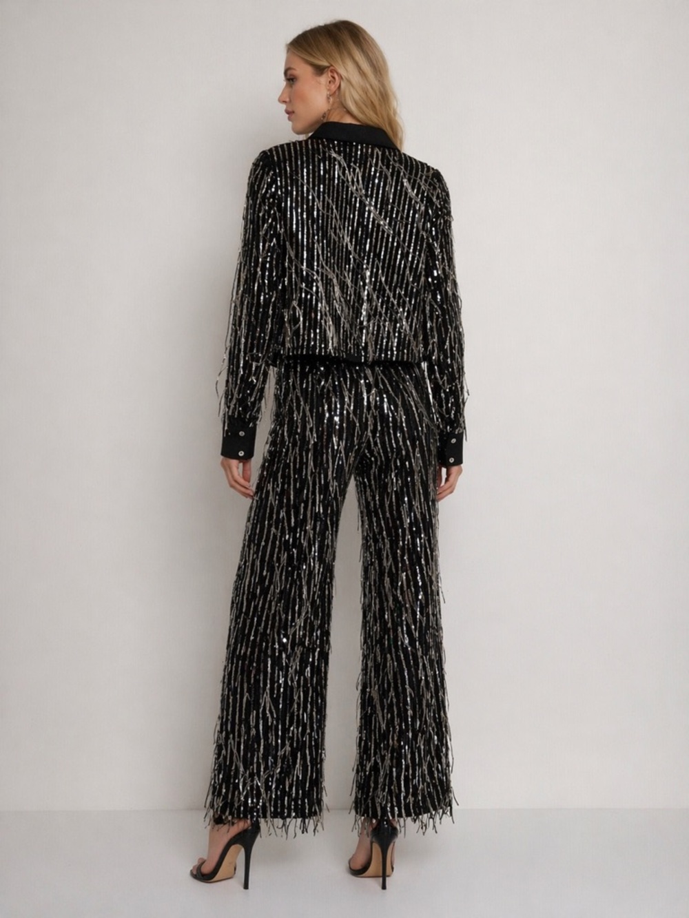 AKIRA Black Sequin Fringe Set ✨ Crop Top + Wide Leg Pants | S/M | Glam Party - Picture 2 of 7